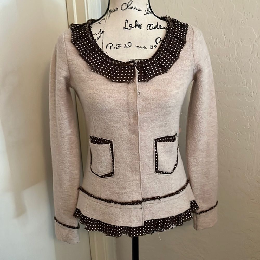 Anthropologie Sparrow Beige Polka A Dot Design Ruffle Pockets Sweater